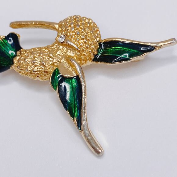 VTG Enamel Hummingbird Brooch Mid Century 60s Rhinestone Figural Gold Tone Pin - Picture 7 of 11